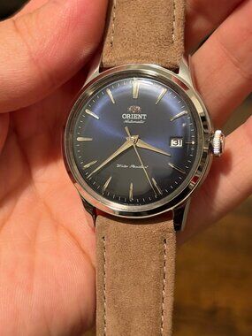 Orient Automatic Navy Dial Tan Suede Date - New in Box